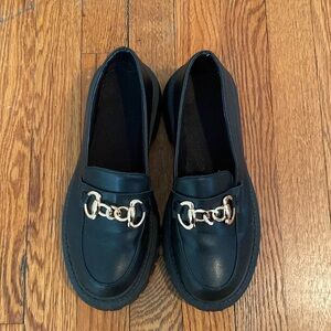 Black Chunky Loafers with Gold Buckle